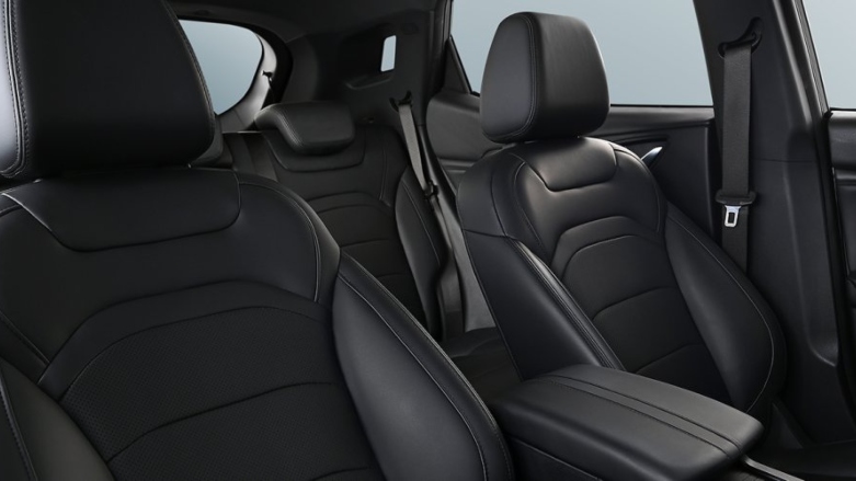 Vista de asientos frontales y traseros de Seres 3 con tapiz de cuero negro.